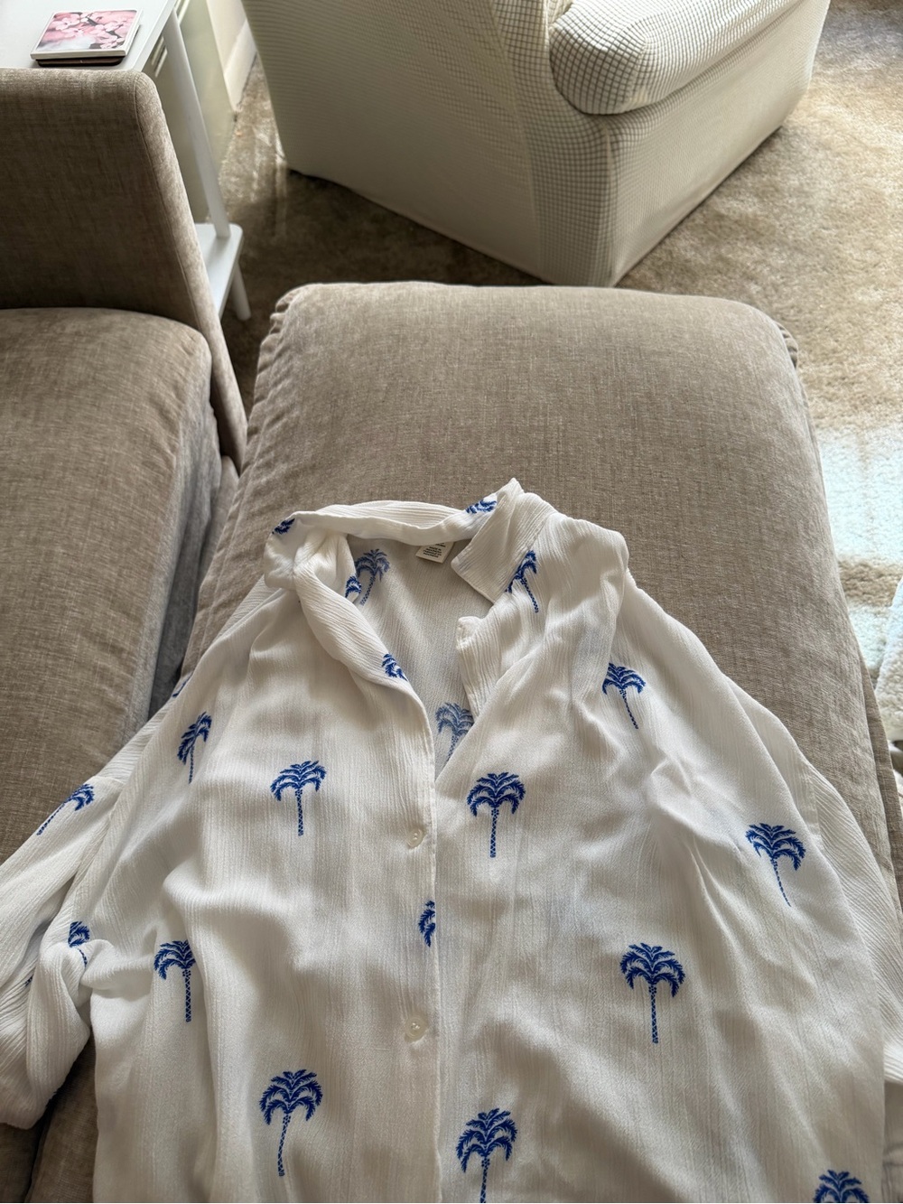 H&M White Shirt with Blue Palm Embroidery